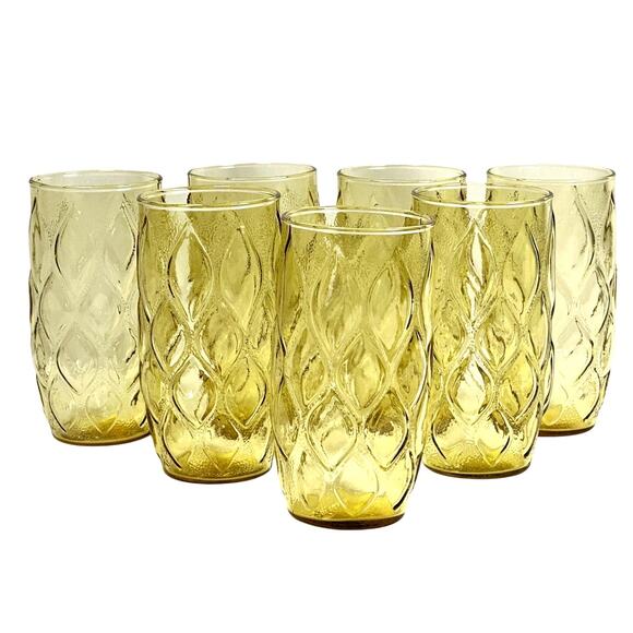 Anchor Hocking MCM Madrid Quilted Amber Yellow Gold Glass Tumblers-Set of 7 - Picture 1 of 4